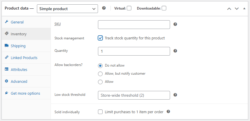WooCommerce Product management - inventory product data