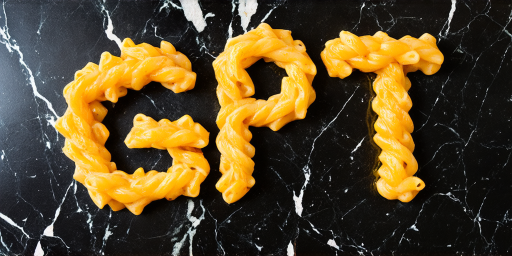 ai generated image of the letters GPT written with noodles