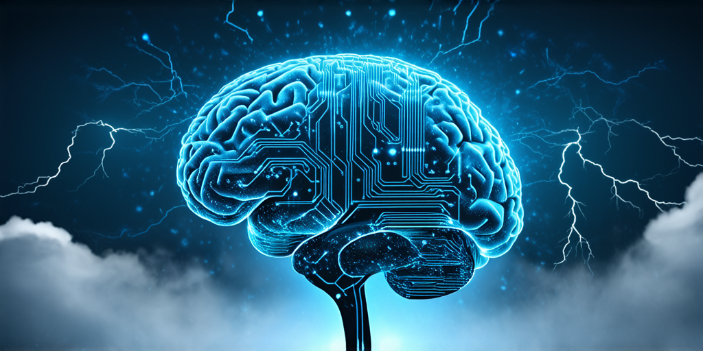 circuitry brain in the middle of the image surrounded by lightning. sparks. fog. bokeh. depth of field. clouds.